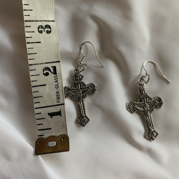 Crucifix Cross earrings Artisan sterling silver hooks pierced - Picture 6 of 6